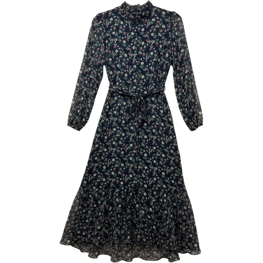 Banana Republic‎ Floral Midi Shirt Dress Womens 0 Blue Ruffle Neck Long Sleeve